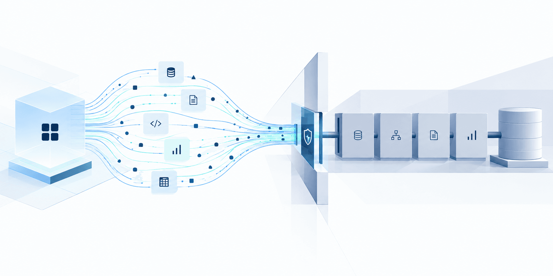 Many data sources narrowing through a single gate before reaching a governed pipeline into the warehouse