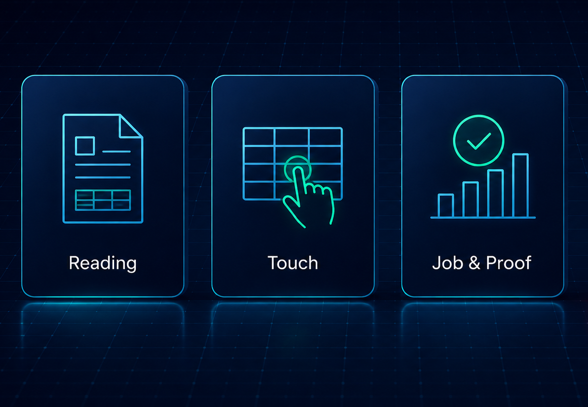 The data-harness self-audit: Reading, Touch, Job and Proof.